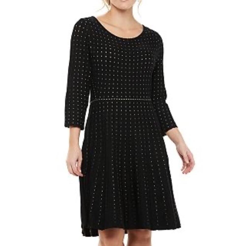 Nina Leonard Women's Black/Tan Contrast Dot Fit & Flare Sweater Dress sz M